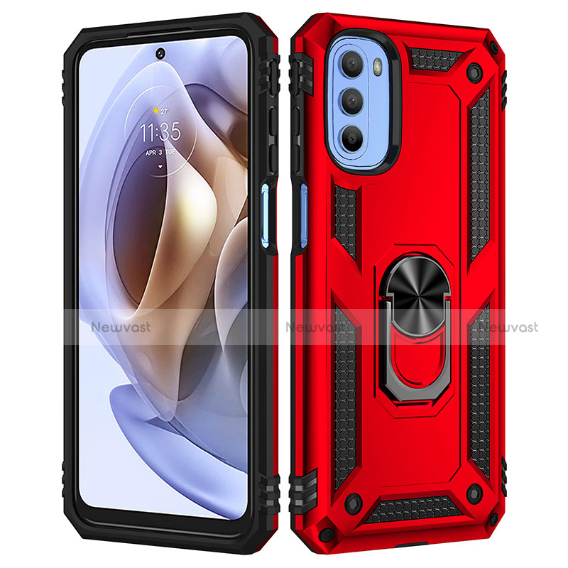 Silicone Matte Finish and Plastic Back Cover Case with Magnetic Finger Ring Stand for Motorola Moto G41 Red