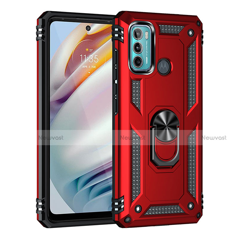 Silicone Matte Finish and Plastic Back Cover Case with Magnetic Finger Ring Stand for Motorola Moto G60 Red