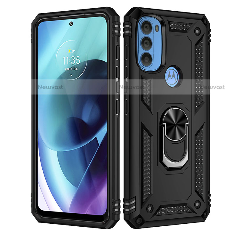 Silicone Matte Finish and Plastic Back Cover Case with Magnetic Finger Ring Stand for Motorola Moto G71 5G