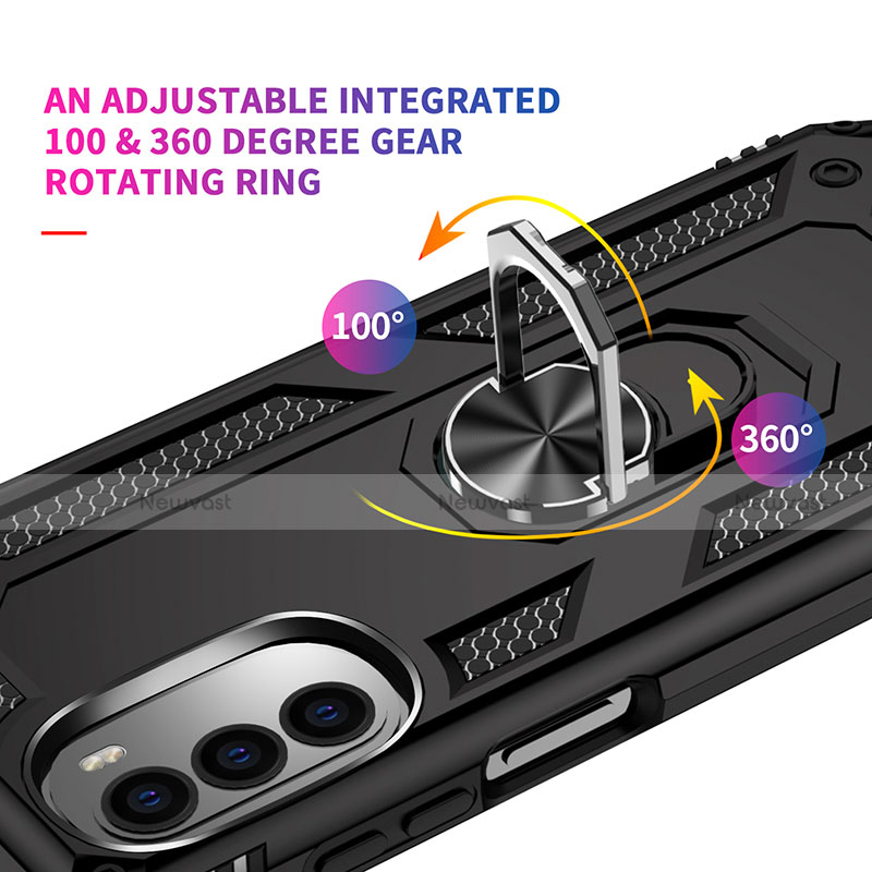 Silicone Matte Finish and Plastic Back Cover Case with Magnetic Finger Ring Stand for Motorola Moto G71s 5G