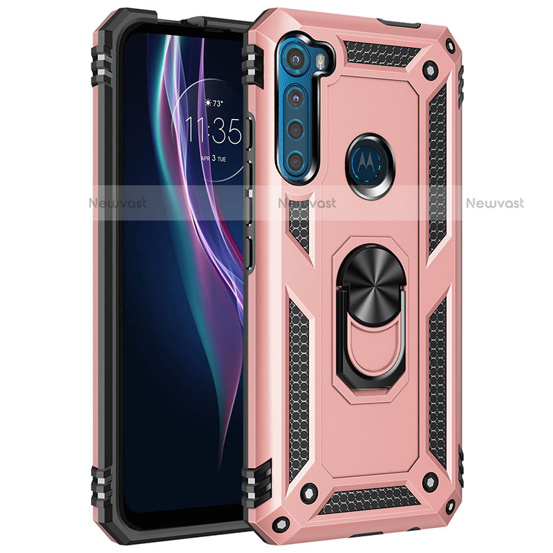 Silicone Matte Finish and Plastic Back Cover Case with Magnetic Finger Ring Stand for Motorola Moto One Fusion Plus Rose Gold