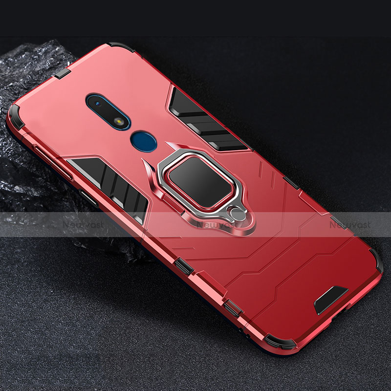 Silicone Matte Finish and Plastic Back Cover Case with Magnetic Finger Ring Stand for Nokia C3 Red