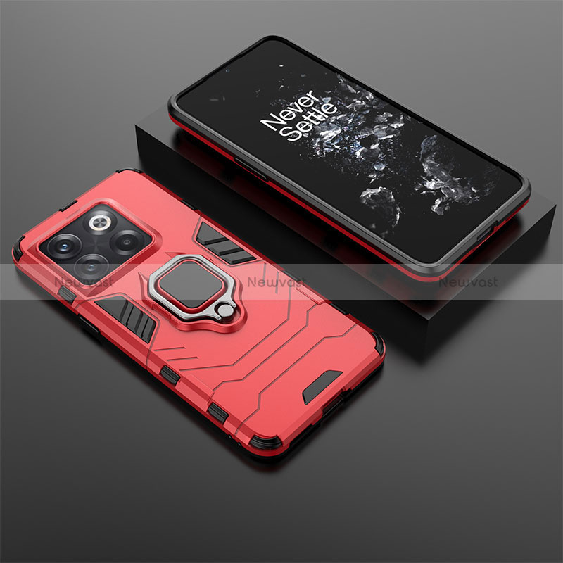 Silicone Matte Finish and Plastic Back Cover Case with Magnetic Finger Ring Stand for OnePlus 10T 5G Red