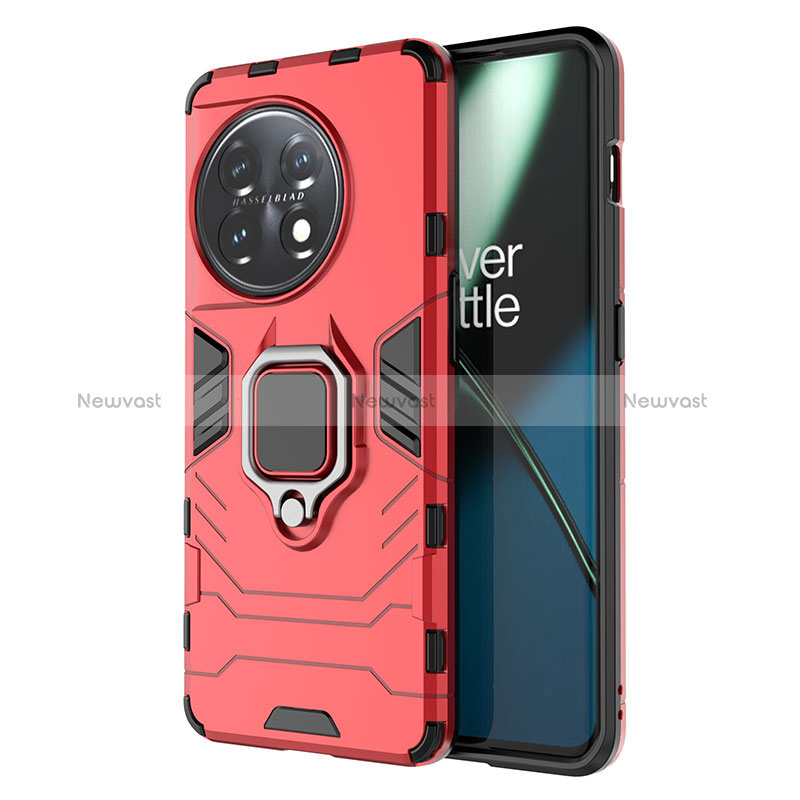 Silicone Matte Finish and Plastic Back Cover Case with Magnetic Finger Ring Stand for OnePlus 11 5G Red