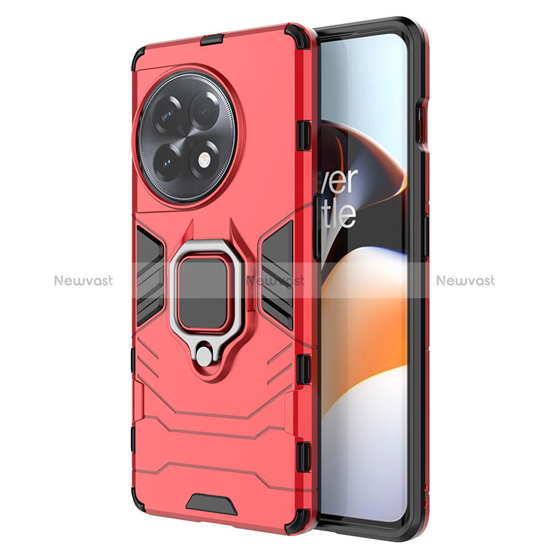 Silicone Matte Finish and Plastic Back Cover Case with Magnetic Finger Ring Stand for OnePlus 11R 5G Red