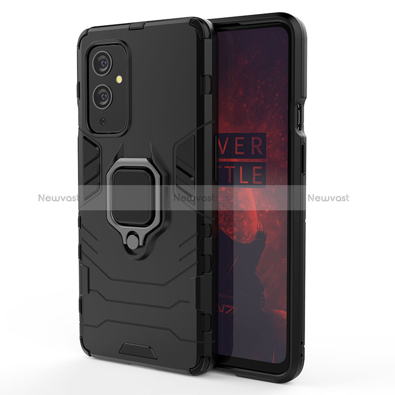 Silicone Matte Finish and Plastic Back Cover Case with Magnetic Finger Ring Stand for OnePlus 9 5G