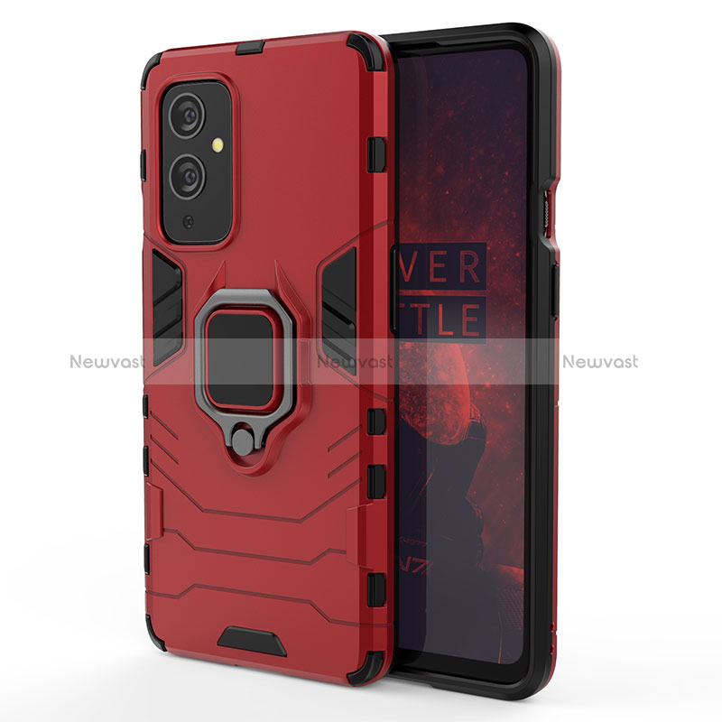 Silicone Matte Finish and Plastic Back Cover Case with Magnetic Finger Ring Stand for OnePlus 9 5G