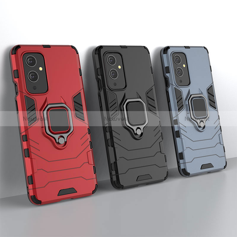 Silicone Matte Finish and Plastic Back Cover Case with Magnetic Finger Ring Stand for OnePlus 9 5G