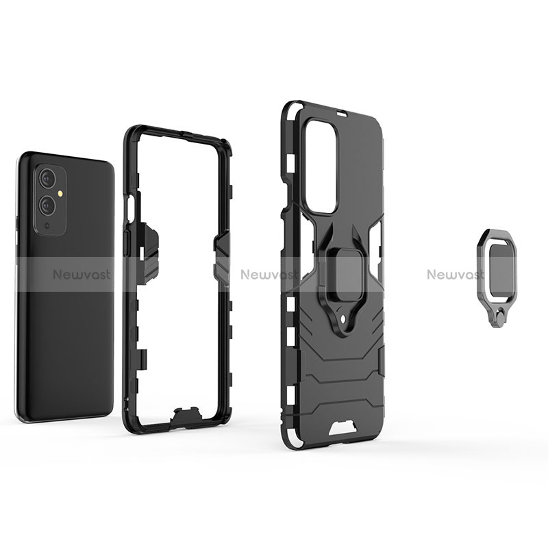 Silicone Matte Finish and Plastic Back Cover Case with Magnetic Finger Ring Stand for OnePlus 9 5G