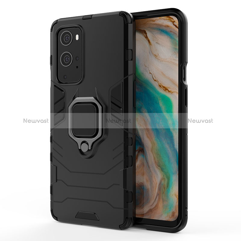 Silicone Matte Finish and Plastic Back Cover Case with Magnetic Finger Ring Stand for OnePlus 9 Pro 5G