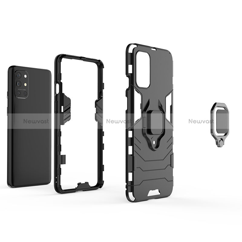 Silicone Matte Finish and Plastic Back Cover Case with Magnetic Finger Ring Stand for OnePlus 9R 5G