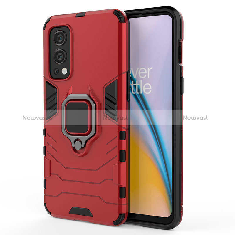 Silicone Matte Finish and Plastic Back Cover Case with Magnetic Finger Ring Stand for OnePlus Nord 2 5G