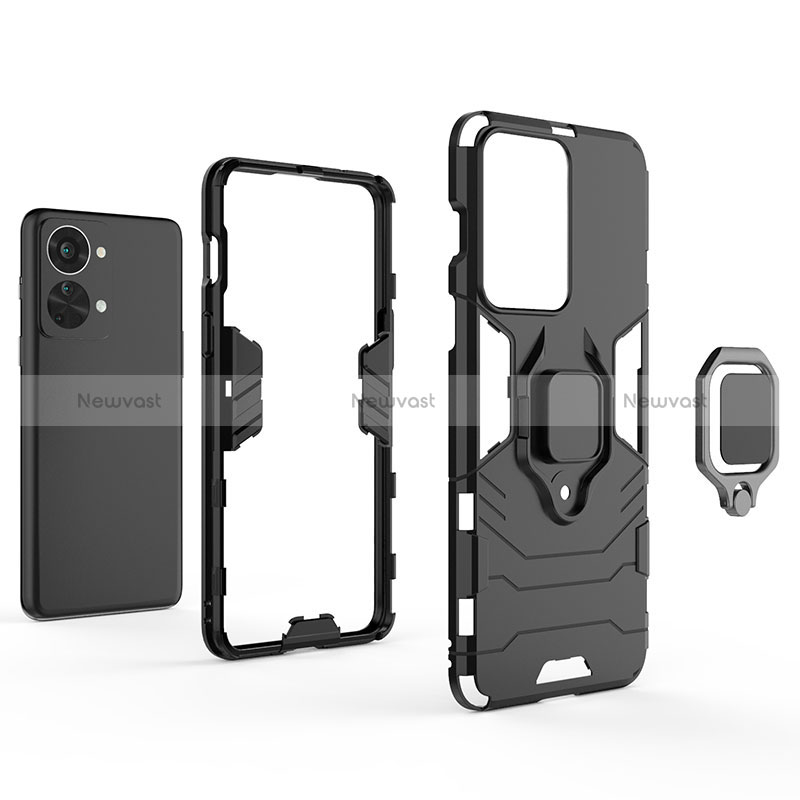 Silicone Matte Finish and Plastic Back Cover Case with Magnetic Finger Ring Stand for OnePlus Nord 2T 5G