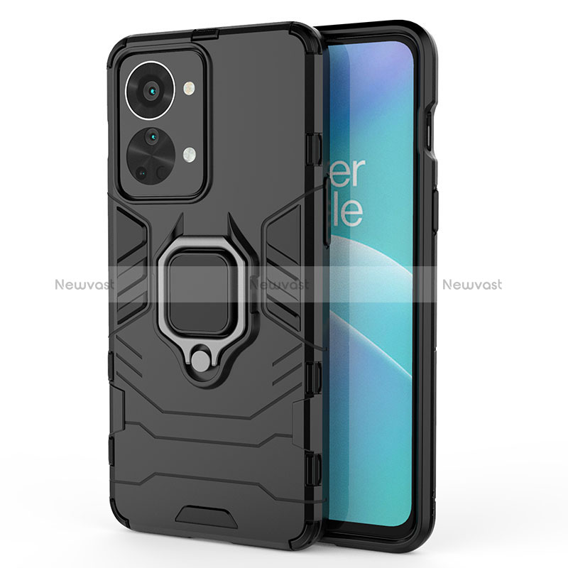 Silicone Matte Finish and Plastic Back Cover Case with Magnetic Finger Ring Stand for OnePlus Nord 2T 5G