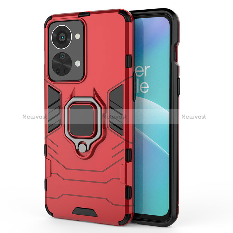 Silicone Matte Finish and Plastic Back Cover Case with Magnetic Finger Ring Stand for OnePlus Nord 2T 5G