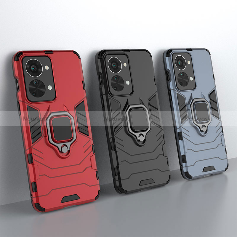 Silicone Matte Finish and Plastic Back Cover Case with Magnetic Finger Ring Stand for OnePlus Nord 2T 5G