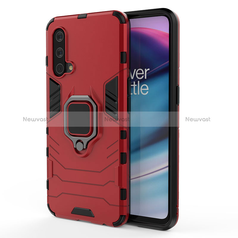 Silicone Matte Finish and Plastic Back Cover Case with Magnetic Finger Ring Stand for OnePlus Nord CE 5G Red