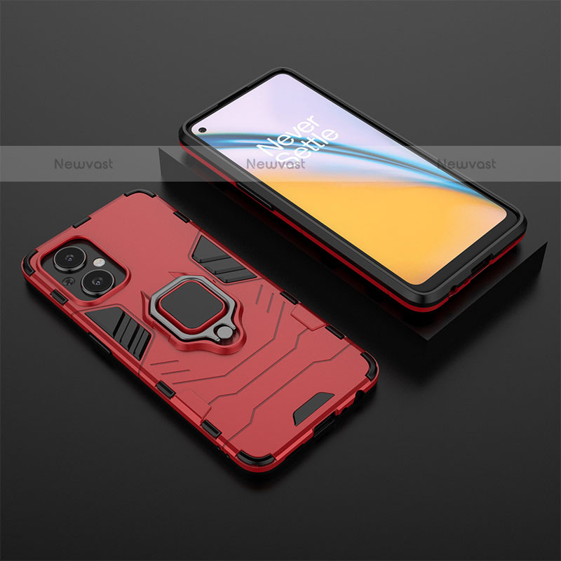 Silicone Matte Finish and Plastic Back Cover Case with Magnetic Finger Ring Stand for OnePlus Nord N20 5G Red