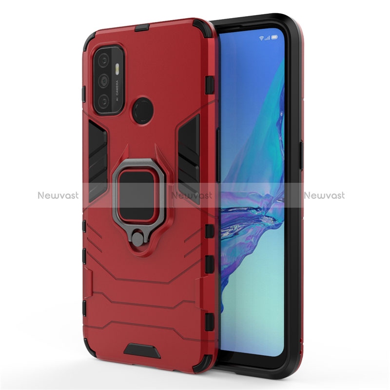 Silicone Matte Finish and Plastic Back Cover Case with Magnetic Finger Ring Stand for Oppo A11s Red