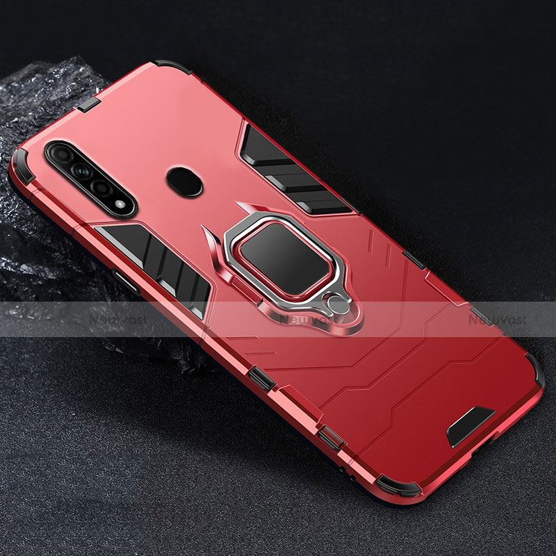 Silicone Matte Finish and Plastic Back Cover Case with Magnetic Finger Ring Stand for Oppo A31 Red