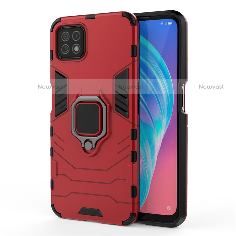 Silicone Matte Finish and Plastic Back Cover Case with Magnetic Finger Ring Stand for Oppo A72 5G Red