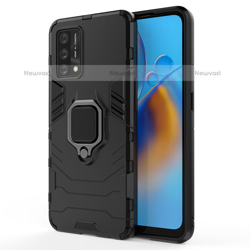 Silicone Matte Finish and Plastic Back Cover Case with Magnetic Finger Ring Stand for Oppo A74 4G Black