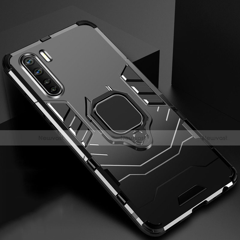 Silicone Matte Finish and Plastic Back Cover Case with Magnetic Finger Ring Stand for Oppo A91 Black