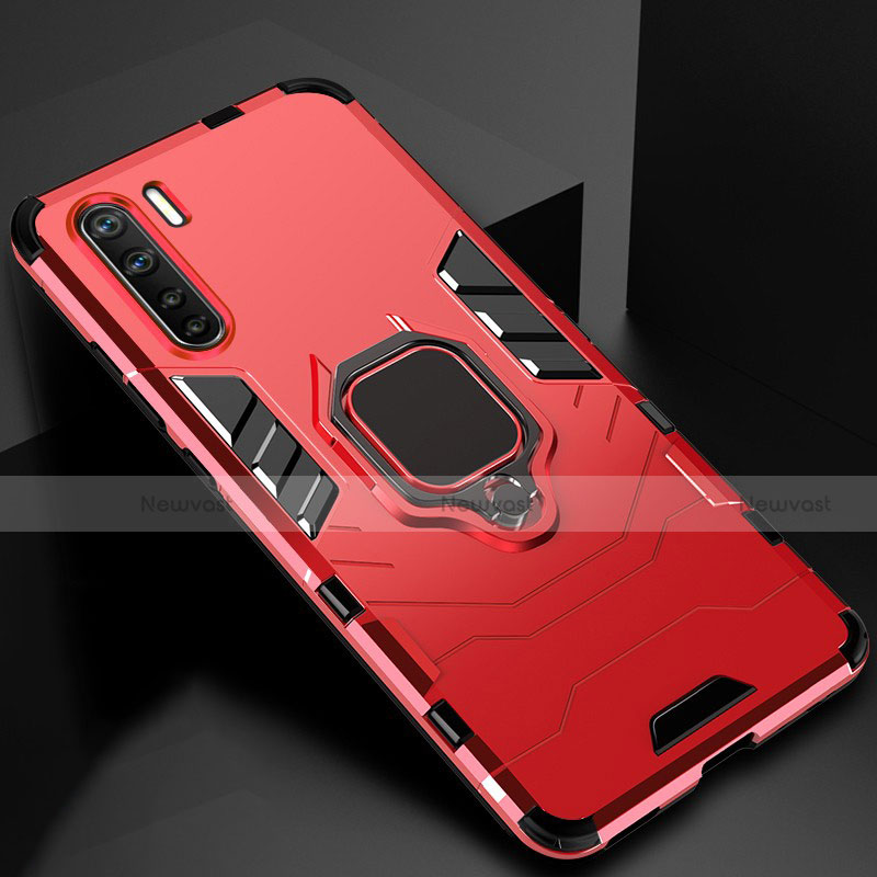 Silicone Matte Finish and Plastic Back Cover Case with Magnetic Finger Ring Stand for Oppo A91 Red