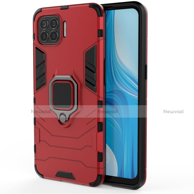 Silicone Matte Finish and Plastic Back Cover Case with Magnetic Finger Ring Stand for Oppo A93 Red