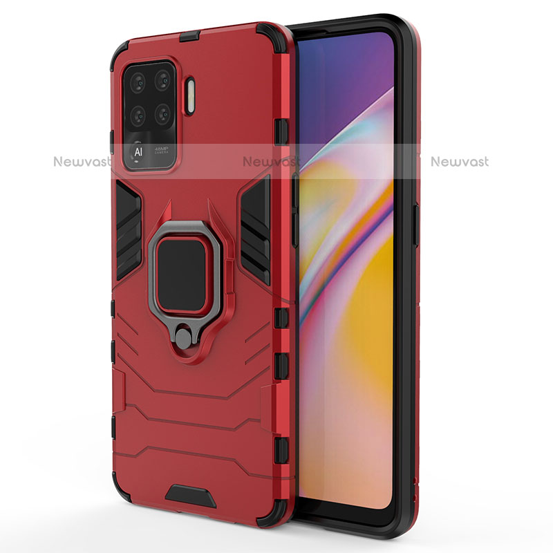 Silicone Matte Finish and Plastic Back Cover Case with Magnetic Finger Ring Stand for Oppo A94 4G Red