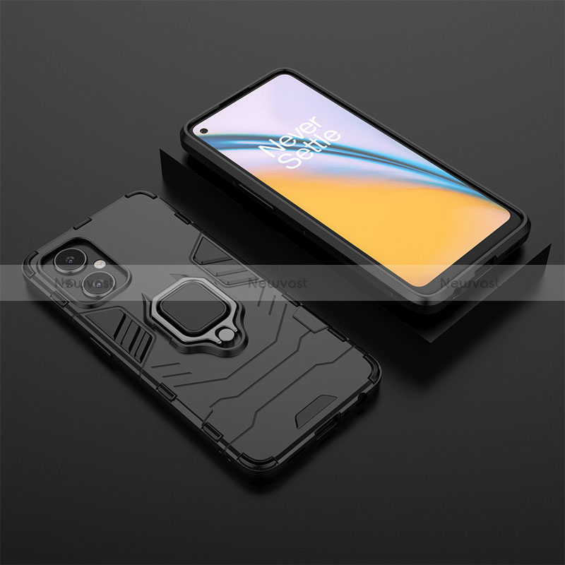 Silicone Matte Finish and Plastic Back Cover Case with Magnetic Finger Ring Stand for Oppo A96 5G Black