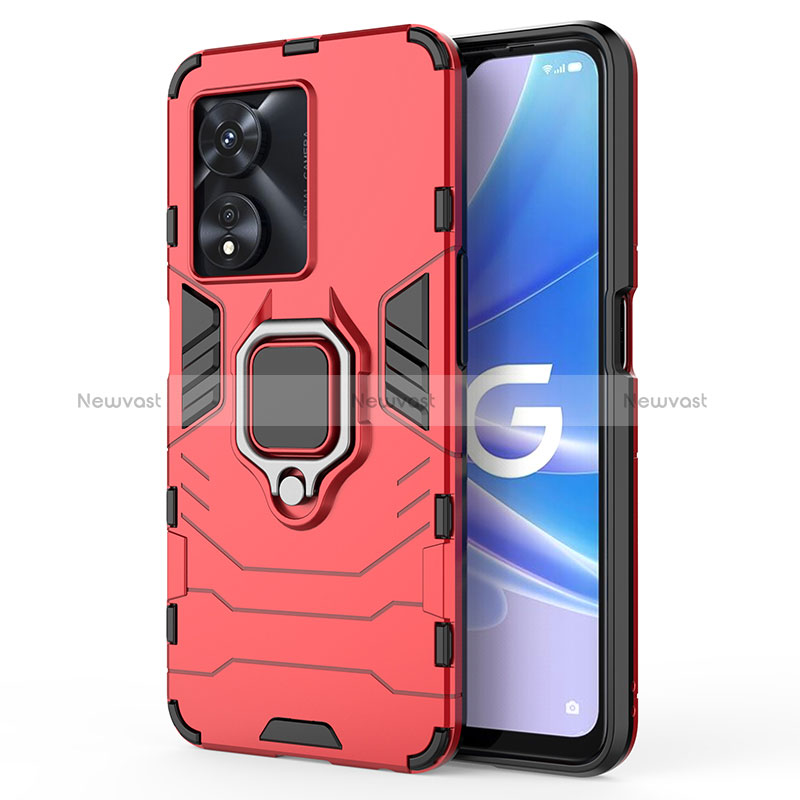 Silicone Matte Finish and Plastic Back Cover Case with Magnetic Finger Ring Stand for Oppo A97 5G Red
