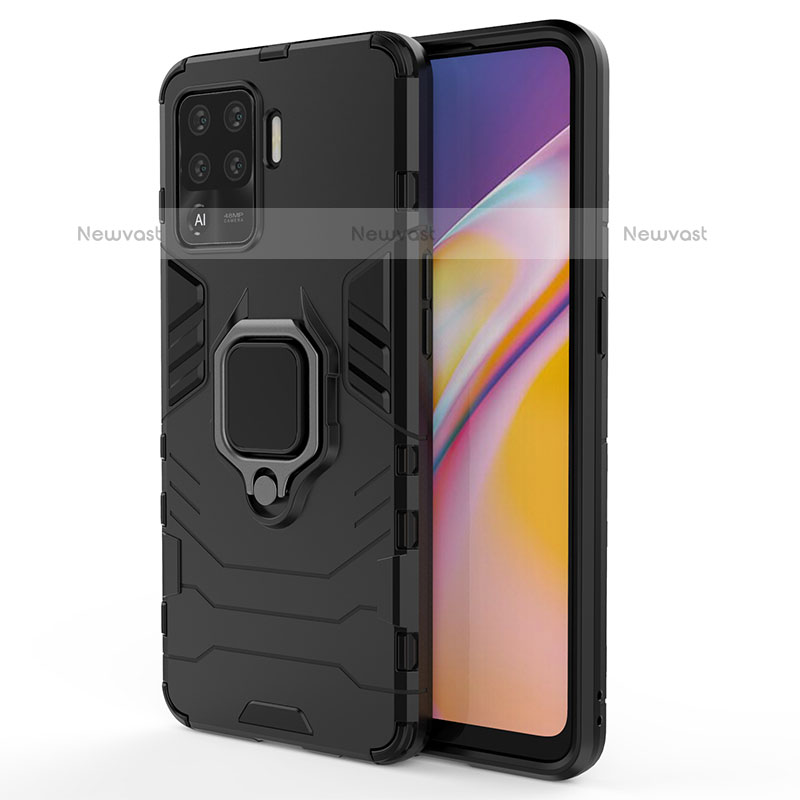 Silicone Matte Finish and Plastic Back Cover Case with Magnetic Finger Ring Stand for Oppo F19 Pro