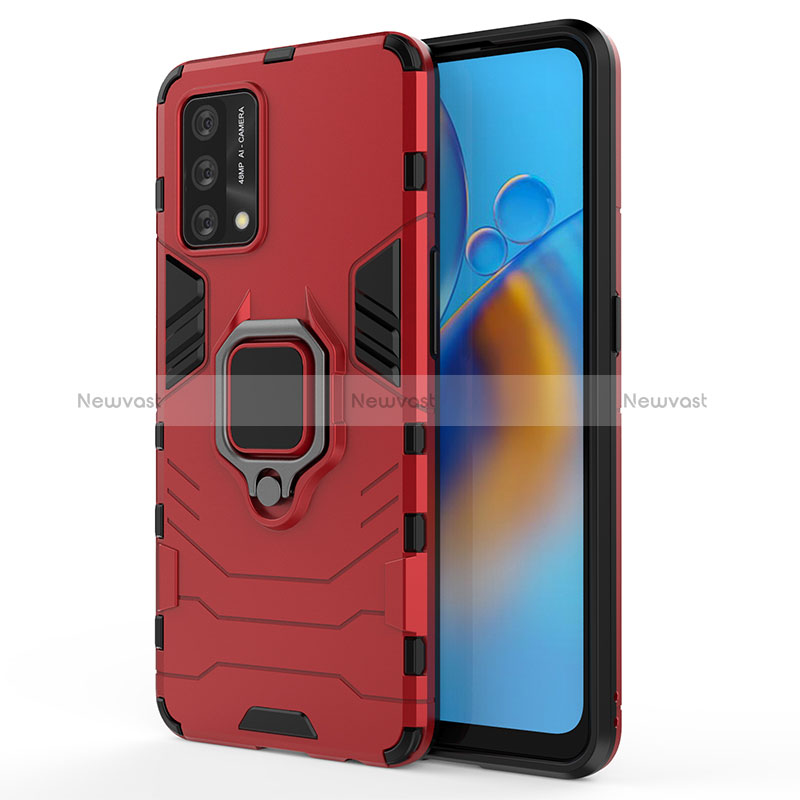 Silicone Matte Finish and Plastic Back Cover Case with Magnetic Finger Ring Stand for Oppo F19 Red