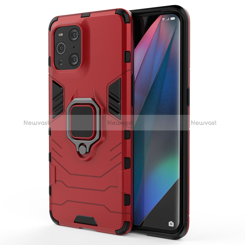 Silicone Matte Finish and Plastic Back Cover Case with Magnetic Finger Ring Stand for Oppo Find X3 5G Red