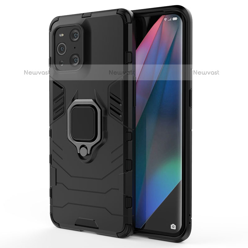 Silicone Matte Finish and Plastic Back Cover Case with Magnetic Finger Ring Stand for Oppo Find X3 Pro 5G Black