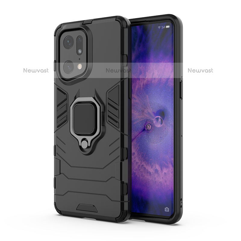 Silicone Matte Finish and Plastic Back Cover Case with Magnetic Finger Ring Stand for Oppo Find X5 Pro 5G