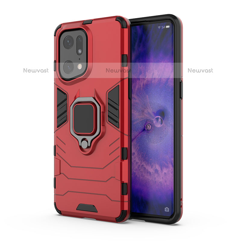 Silicone Matte Finish and Plastic Back Cover Case with Magnetic Finger Ring Stand for Oppo Find X5 Pro 5G