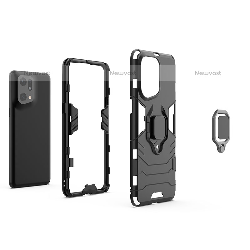 Silicone Matte Finish and Plastic Back Cover Case with Magnetic Finger Ring Stand for Oppo Find X5 Pro 5G