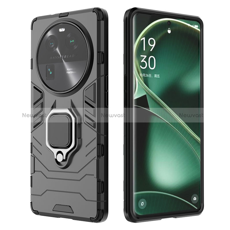 Silicone Matte Finish and Plastic Back Cover Case with Magnetic Finger Ring Stand for Oppo Find X6 5G