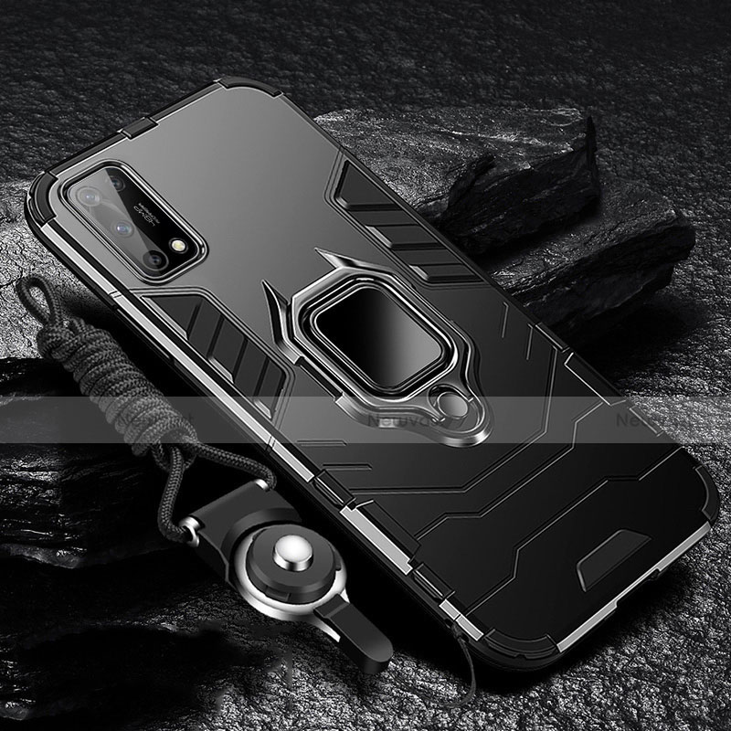 Silicone Matte Finish and Plastic Back Cover Case with Magnetic Finger Ring Stand for Oppo K7x 5G Black