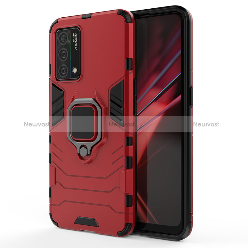 Silicone Matte Finish and Plastic Back Cover Case with Magnetic Finger Ring Stand for Oppo K9 5G Red