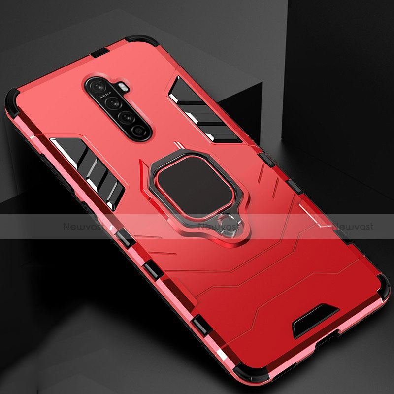 Silicone Matte Finish and Plastic Back Cover Case with Magnetic Finger Ring Stand for Oppo Reno Ace Red