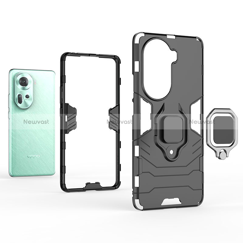 Silicone Matte Finish and Plastic Back Cover Case with Magnetic Finger Ring Stand for Oppo Reno11 5G