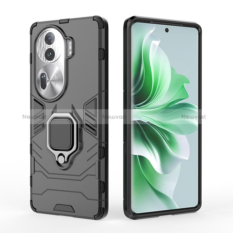Silicone Matte Finish and Plastic Back Cover Case with Magnetic Finger Ring Stand for Oppo Reno11 Pro 5G