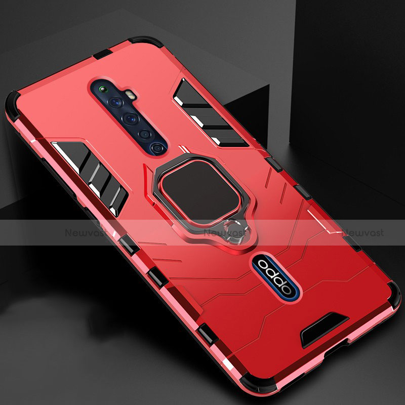 Silicone Matte Finish and Plastic Back Cover Case with Magnetic Finger Ring Stand for Oppo Reno2 Z Red