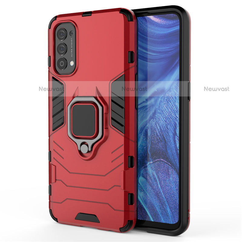 Silicone Matte Finish and Plastic Back Cover Case with Magnetic Finger Ring Stand for Oppo Reno4 4G Red