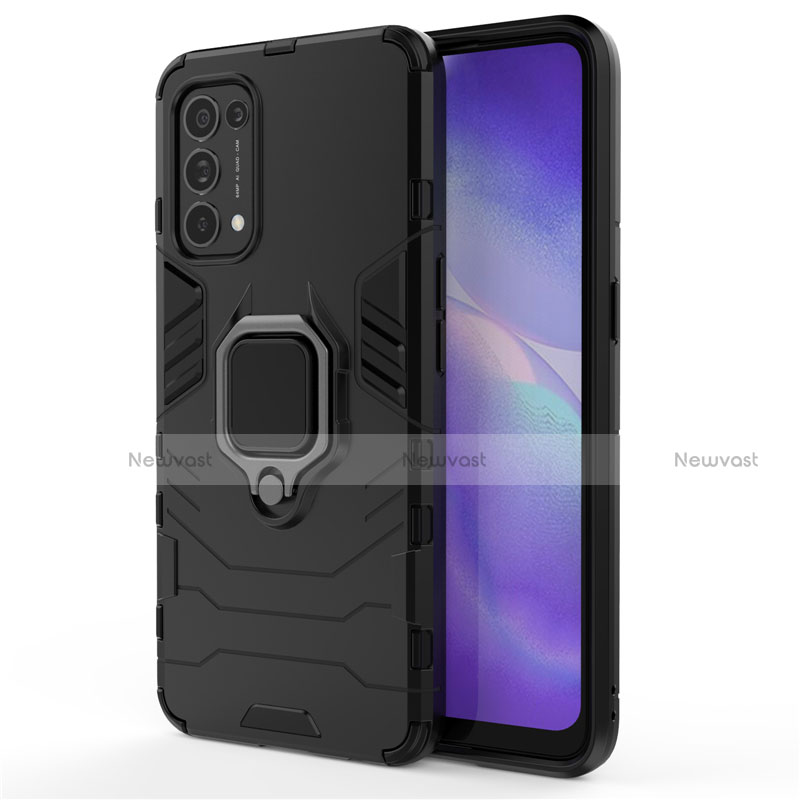 Silicone Matte Finish and Plastic Back Cover Case with Magnetic Finger Ring Stand for Oppo Reno5 5G Black