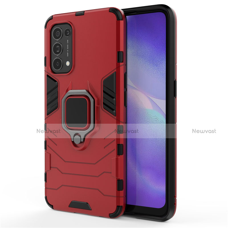 Silicone Matte Finish and Plastic Back Cover Case with Magnetic Finger Ring Stand for Oppo Reno5 5G Red