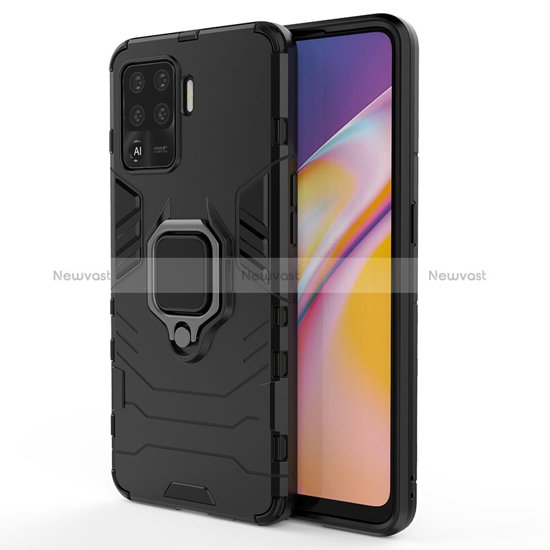 Silicone Matte Finish and Plastic Back Cover Case with Magnetic Finger Ring Stand for Oppo Reno5 Lite Black